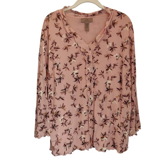 i.e. Woman Plus Sz 1X Pink Mesh Ruffle Trim Top Botanical Print V Neckline - Picture 1 of 5